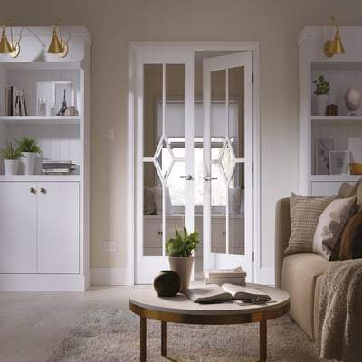 Reims White Glazed Clear Pair Primed Interior Doors - 1981mm x 1524mm - LPD Doors