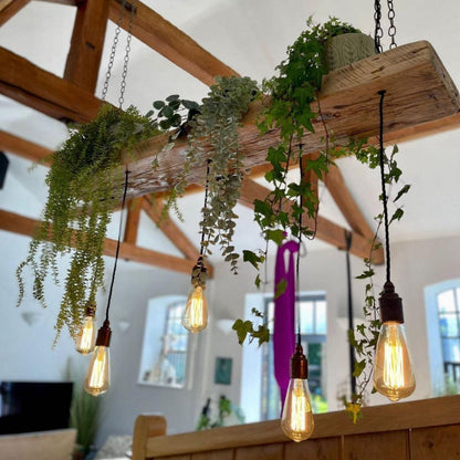 Wooden Beam Chandelier for Plants | Kitchen Island Lighting with Planter Shelf