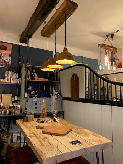 Oak Beam Chandelier with Industrial Shades | Kitchen Island & Task Lighting UK