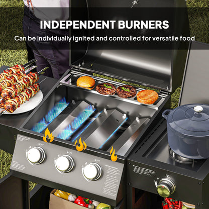 Outsunny 3+1 Burner Gas BBQ Grill with Storage Cabinet and Shelves, 11.6 kW Gas Barbecue Trolley with 6 Castor Wheels, Warming Rack, Thermometer for Outdoor Cooking Garden Party, Black