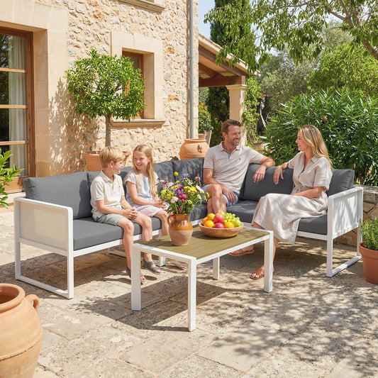 Outsunny 6 Seater Metal Garden Furniture Corner Sofa Set with 3 Loveseats, Faux Wood Table, Texteline Seat, Cushions, White