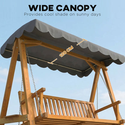 Outsunny 3 Seater Garden Swing Seat with Canopy, Wooden Swing Chair, Outdoor Hammock Bench for Balcony Patio Porch, Dark Grey