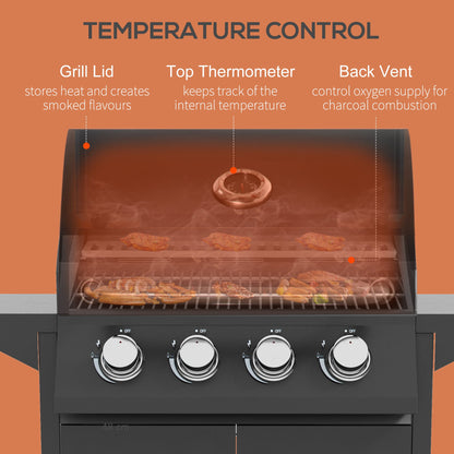 Outsunny 4 Burner Gas BBQ Grill Outdoor Portable Barbecue Trolley w/ Warming Rack, Side Shelves, Storage Cabinet, Thermometer