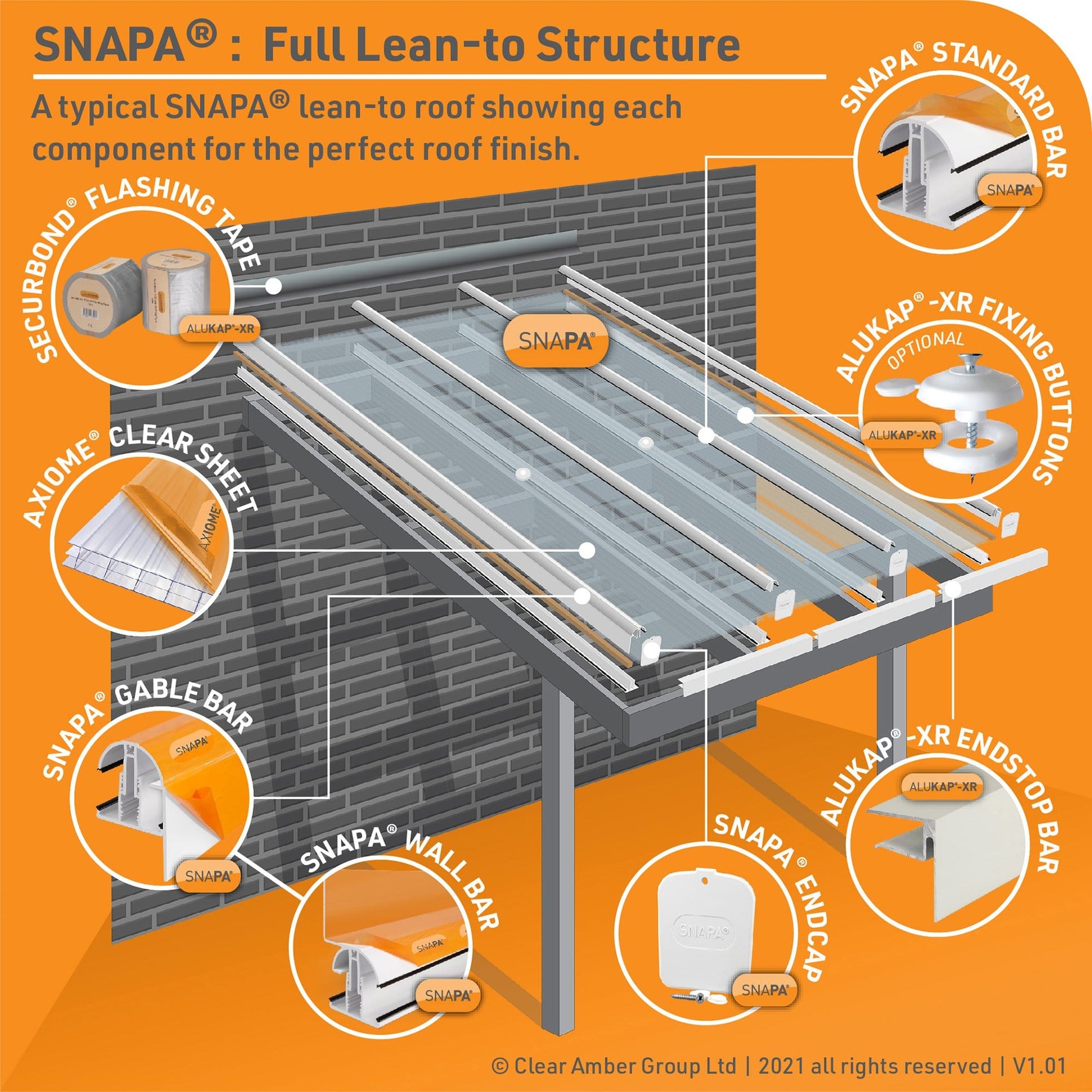 Snapa White Gable Bar with Endacap (10, 16, 25, 32, & 35mm) - All Sizes - Clear Amber Roofing