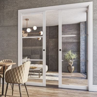 Double Door Sliding Kit + Handle & Doorjamb 100mm White Frame + Black Hardware - All Sizes - Deanta