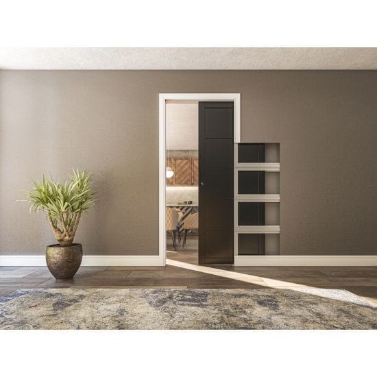 Single Door Sliding Kit + Handle & Doorjamb 100mm White Frame + Black Hardware - All Sizes - Deanta