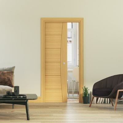 Single Door Sliding Kit + Handle & Doorjamb 125mm Oak Frame + Black Hardware - All Sizes - Deanta