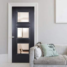 Load image into Gallery viewer, Amsterdam Black Primed 3 Glazed Clear Bevelled Light Panel Interior Door - All Sizes - LPD Doors Doors
