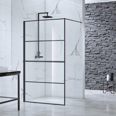 Velar+ Straight Frame Walk-in Panel w/ Towel Rail and Stabilising Bar - All Sizes - Aquaglass