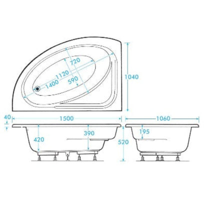 Orlah Offset Corner Bath - 1500 x 1040mm - Aqua