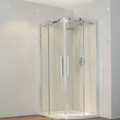 Frameless Curved Offset Quadrant Shower Enclosure w/ Cut-Out Top Panel & 1 Elongated Side Panel & 2 Sliding Doors - All Sizes - Aquaglass