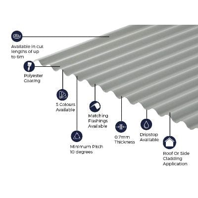 Cladco Corrugated 13/3 Profile Polyester Paint Coated 0.7mm Metal Roof Sheet Light Grey - All Sizes - Cladco