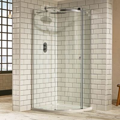 Sphere Curved Offset Quadrant Shower Enclosure w/ Cut-Out Top Panel, 1 Elongated Side Panel & Sliding Door - All Sizes - Aquaglass