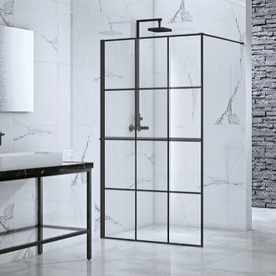 Velar+ Crittal Matt Black Framed Walk In Side Panel - All Sizes - Aquaglass