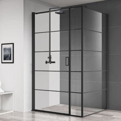 Velar+ Hinged Crittal Style Matt Black Shower Door w/ Pivot Opening - All Sizes - Aquaglass