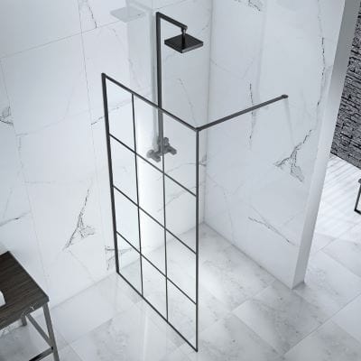 Velar+ Crittal Walk-In Panel w/ Matt Black Towel Rail and Stabilising Bar - All Sizes - Aquaglass